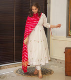 White Anarkali Suit Set with Red Bandhani Dupatta – Festive & Wedding Wear