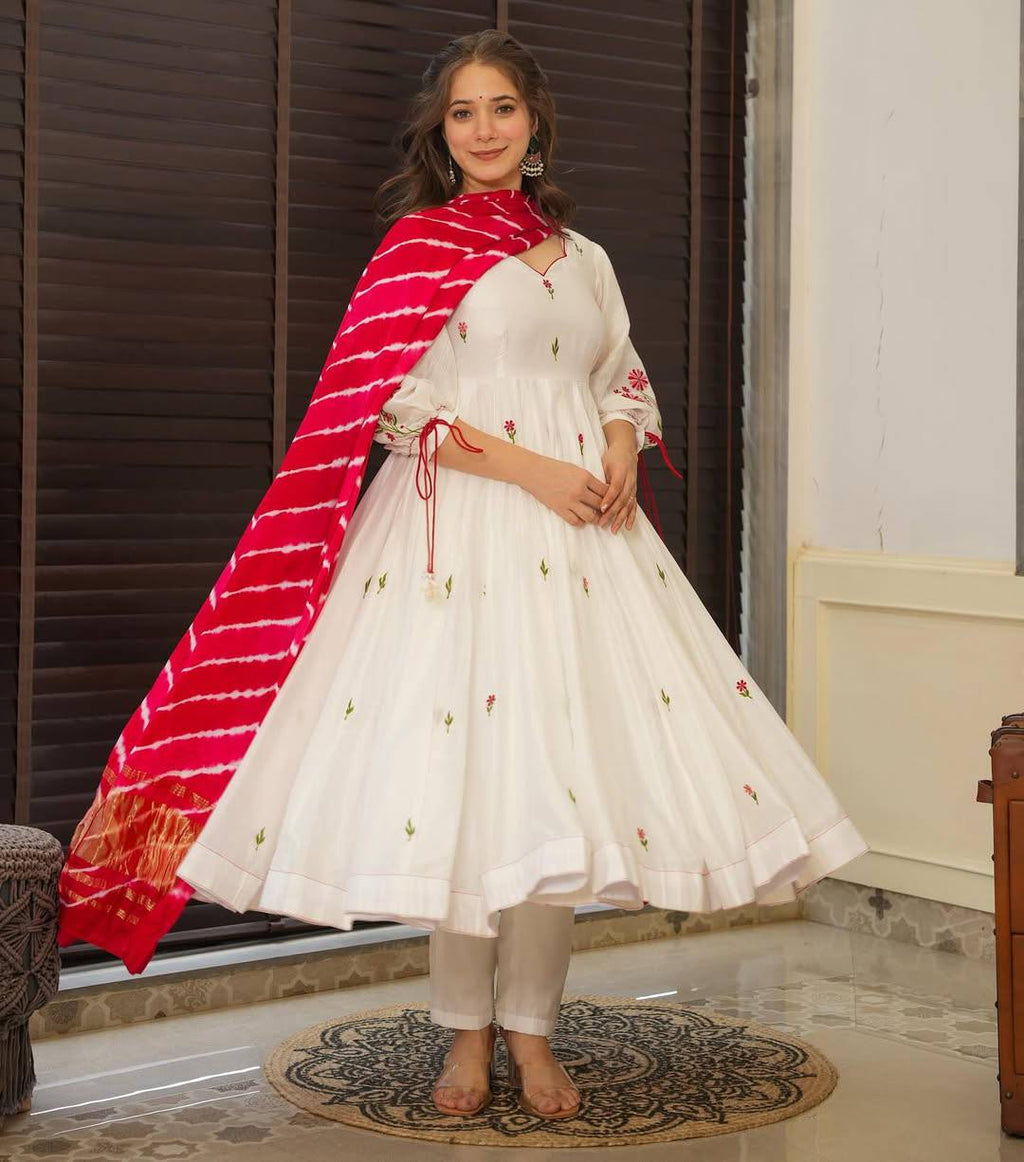 White Anarkali Suit Set with Red Bandhani Dupatta – Festive & Wedding Wear