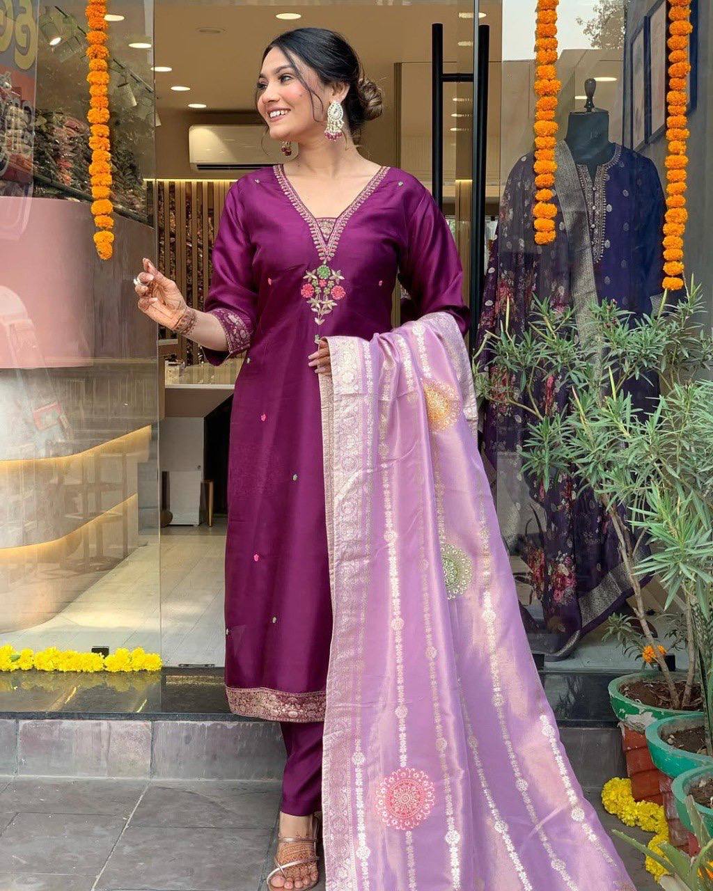 Wine Silk Kurta Set for Women with Zari Dupatta – Embroidered Wedding & Festive Outfit