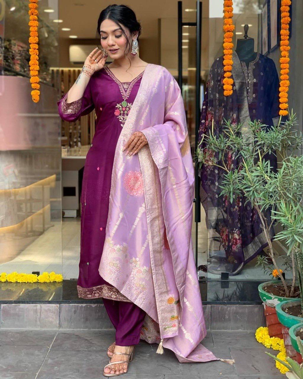 Wine Silk Kurta Set for Women with Zari Dupatta – Embroidered Wedding & Festive Outfit