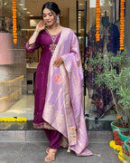 Wine Silk Kurta Set for Women with Zari Dupatta – Embroidered Wedding & Festive Outfit