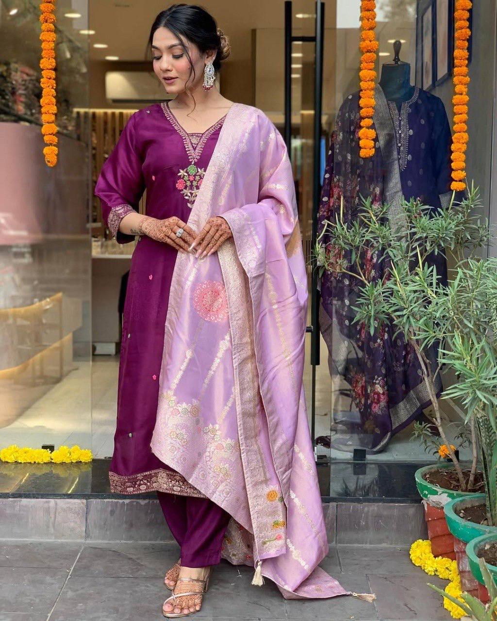 Wine Silk Kurta Set for Women with Zari Dupatta – Embroidered Wedding & Festive Outfit