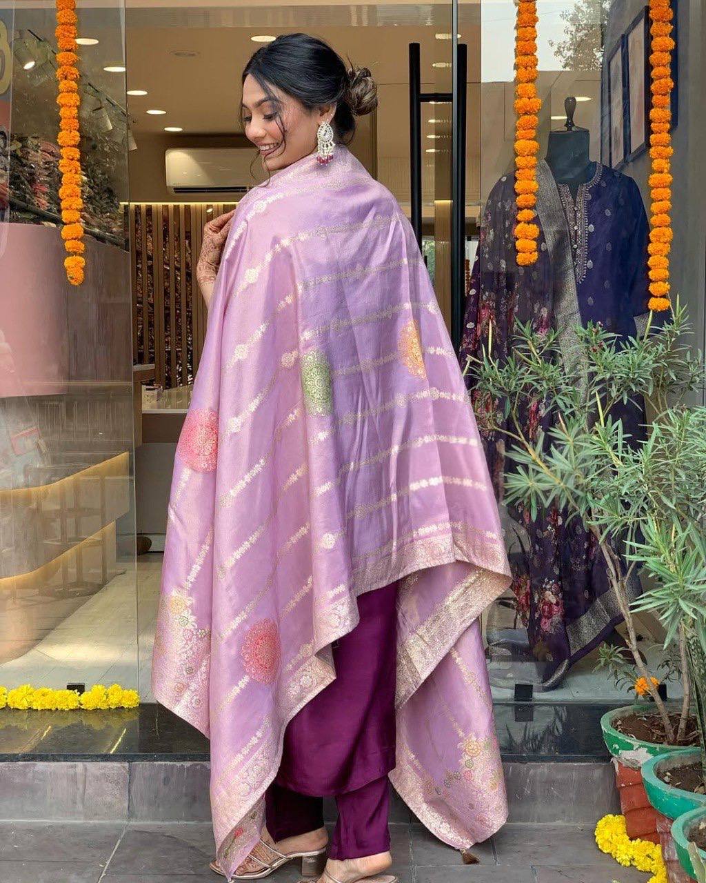 Wine Silk Kurta Set for Women with Zari Dupatta – Embroidered Wedding & Festive Outfit