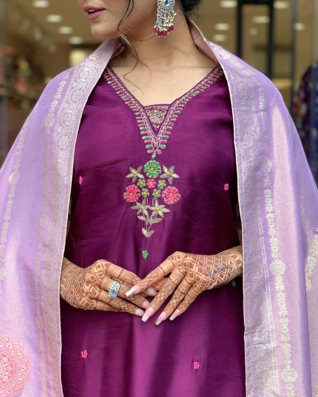 Wine Silk Kurta Set for Women with Zari Dupatta – Embroidered Wedding & Festive Outfit