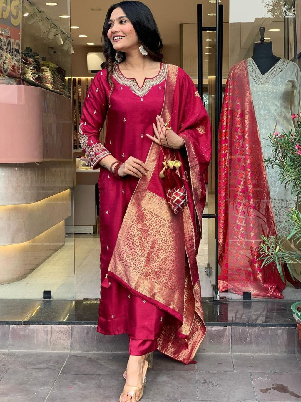 Maroon Silk Kurta Set with Banarasi Dupatta – Wedding & Festive Wear