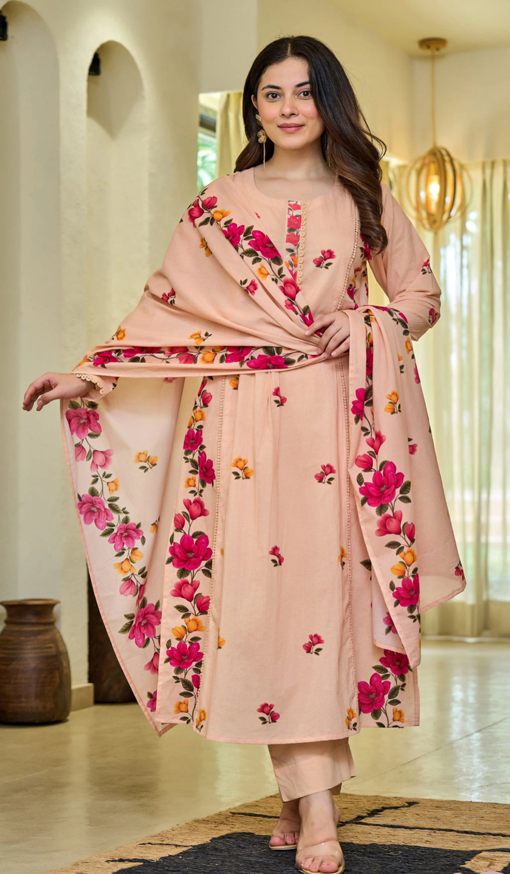 Peach Floral Kurta Set with Dupatta – Casual & Festive Wear