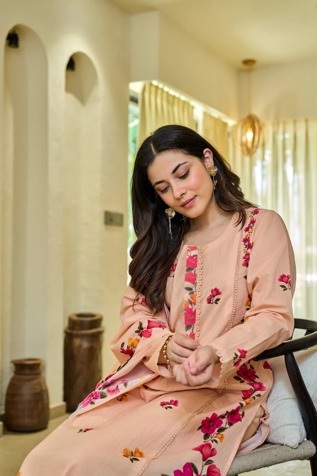 Peach Floral Kurta Set with Dupatta – Casual & Festive Wear