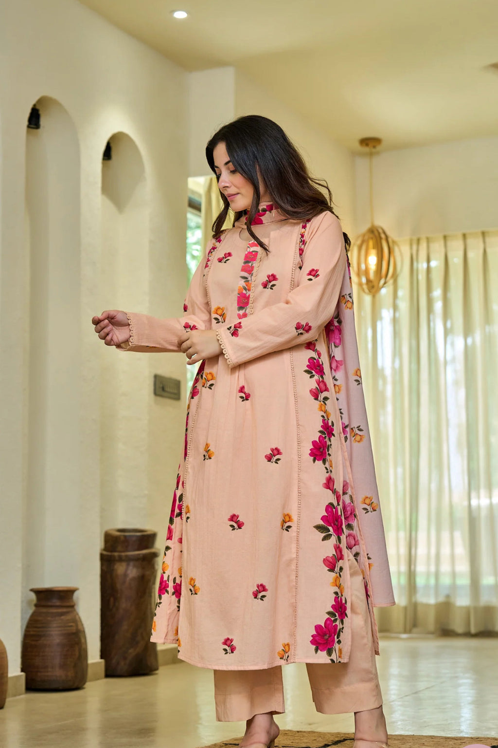 Peach Floral Kurta Set with Dupatta – Casual & Festive Wear