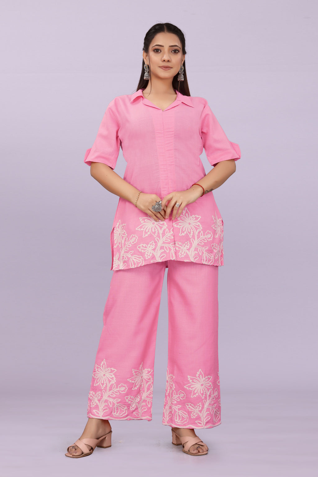 Women Embroidered Co-Ord Set | Stylish Shirt Top & Wide Leg Pant Set for Casual & Party Wear