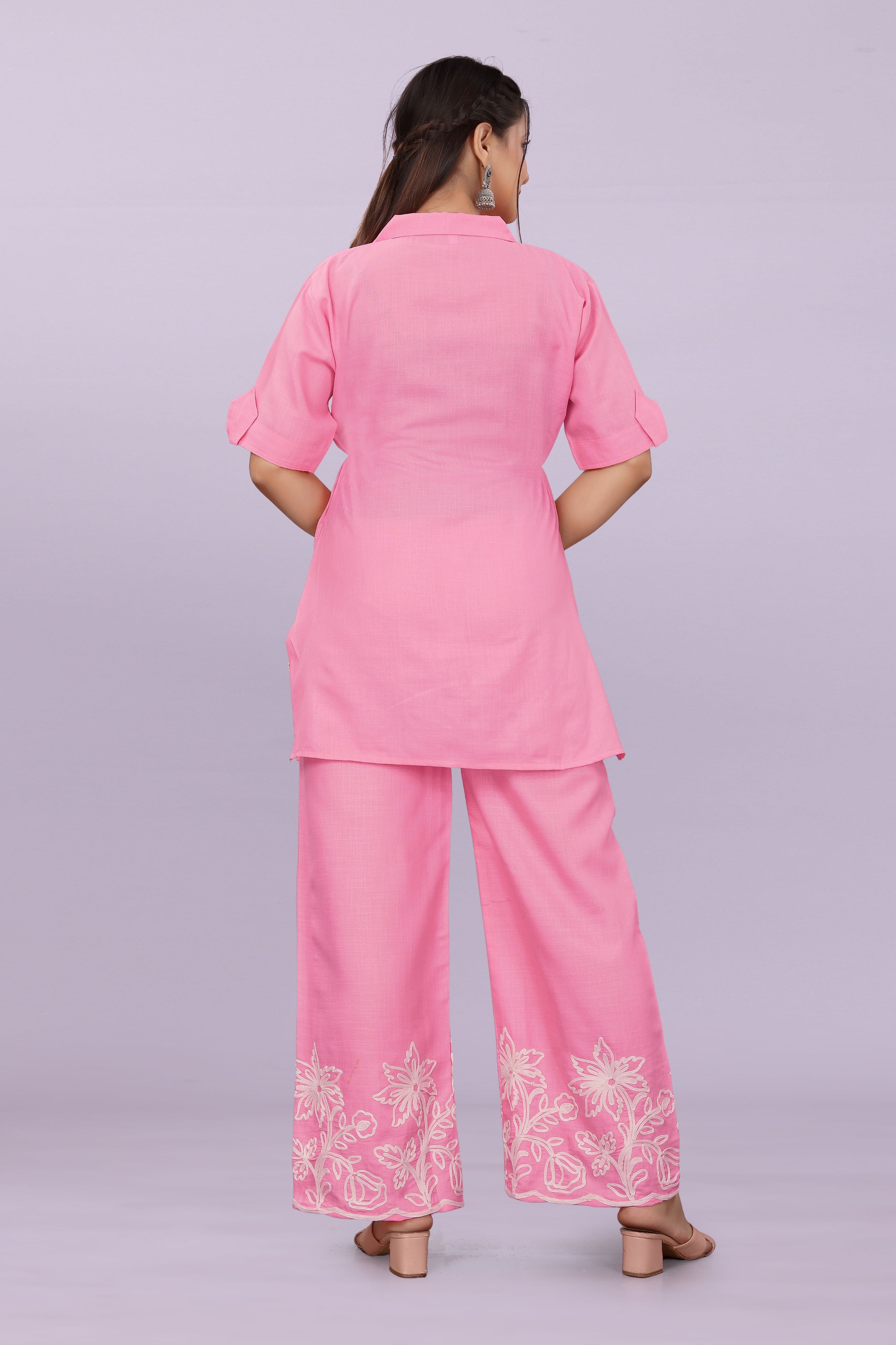 Women Embroidered Co-Ord Set | Stylish Shirt Top & Wide Leg Pant Set for Casual & Party Wear