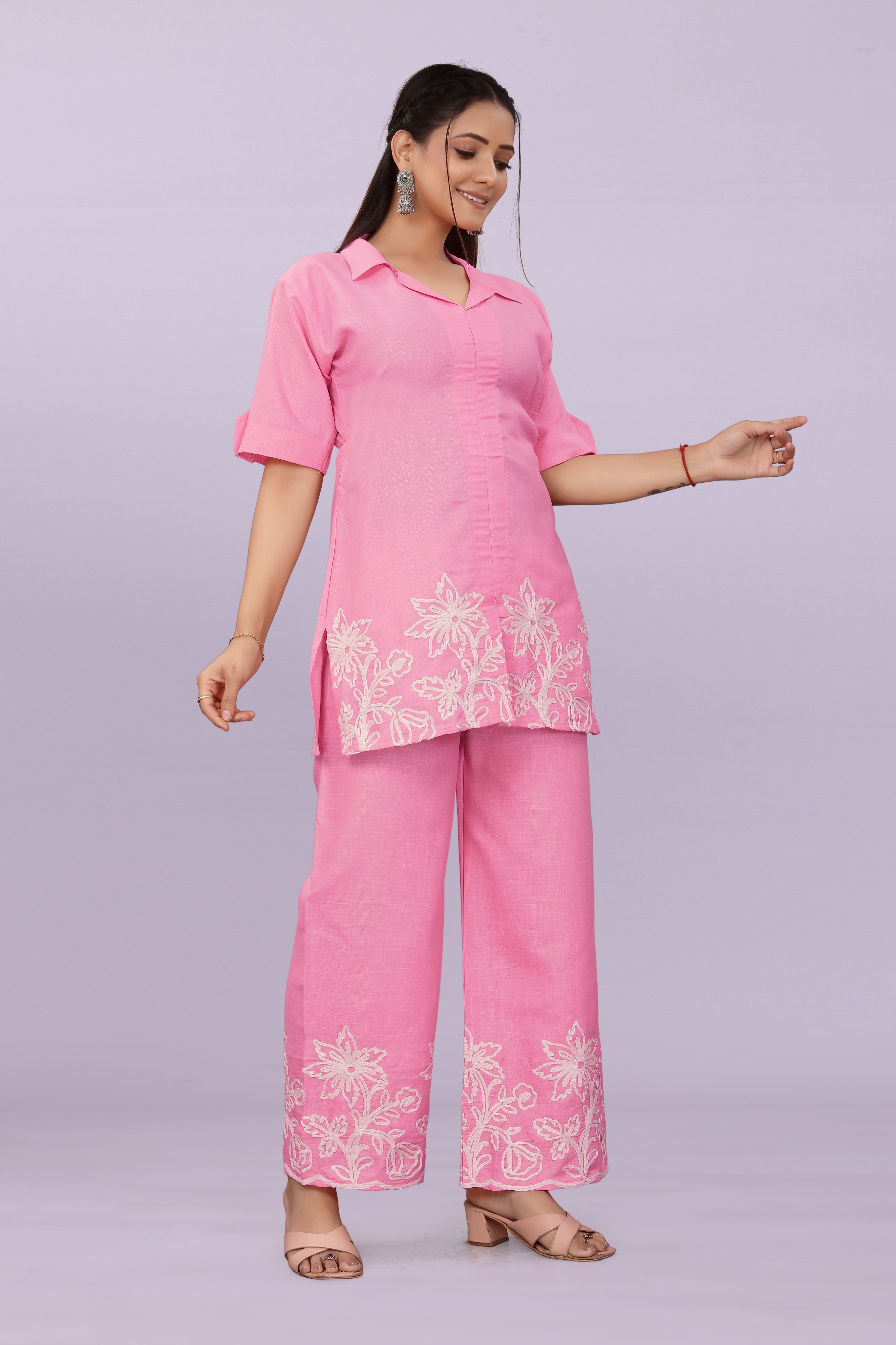 Women Embroidered Co-Ord Set | Stylish Shirt Top & Wide Leg Pant Set for Casual & Party Wear