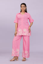 Women Embroidered Co-Ord Set | Stylish Shirt Top & Wide Leg Pant Set for Casual & Party Wear
