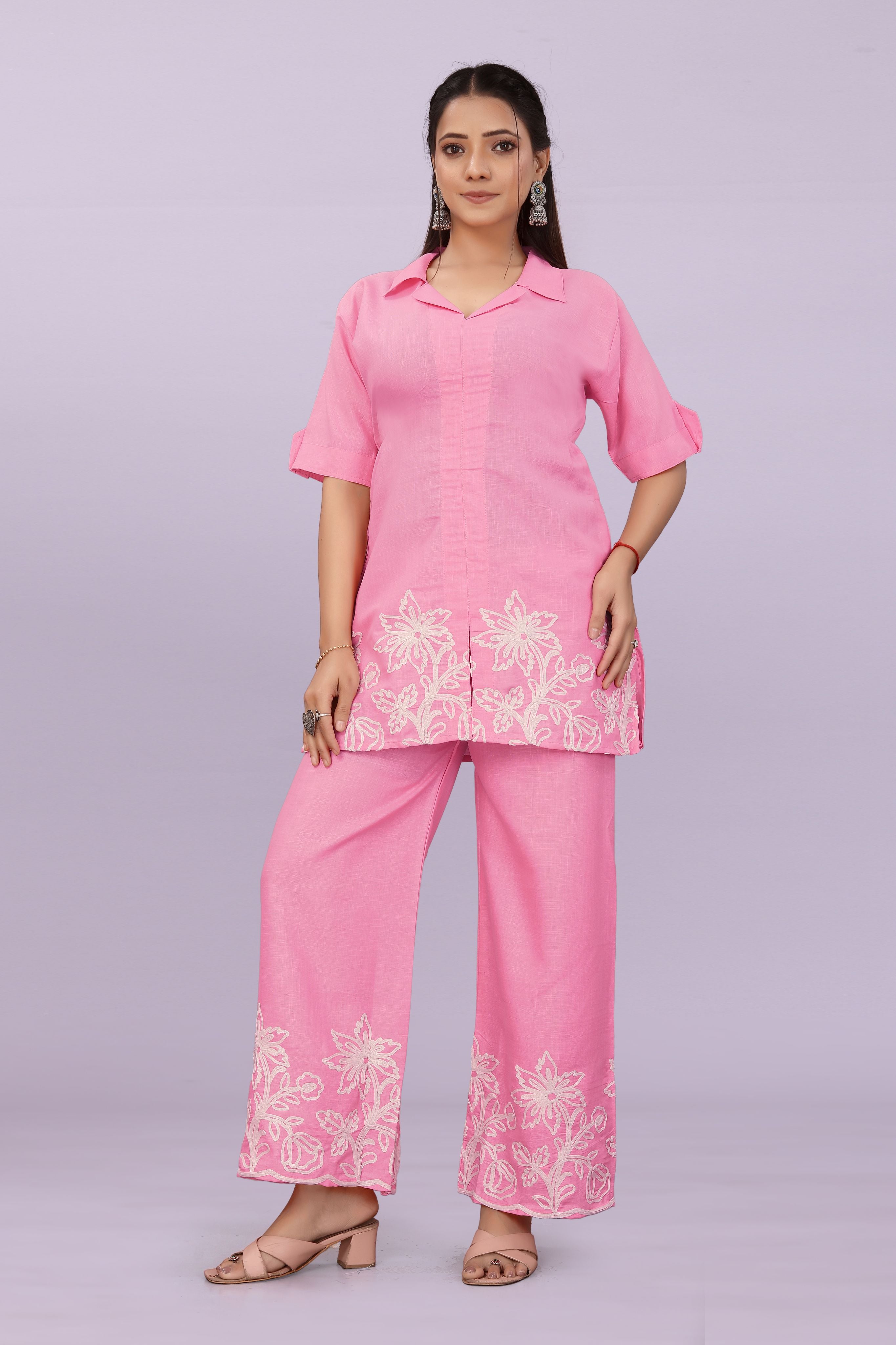 Women Embroidered Co-Ord Set | Stylish Shirt Top & Wide Leg Pant Set for Casual & Party Wear