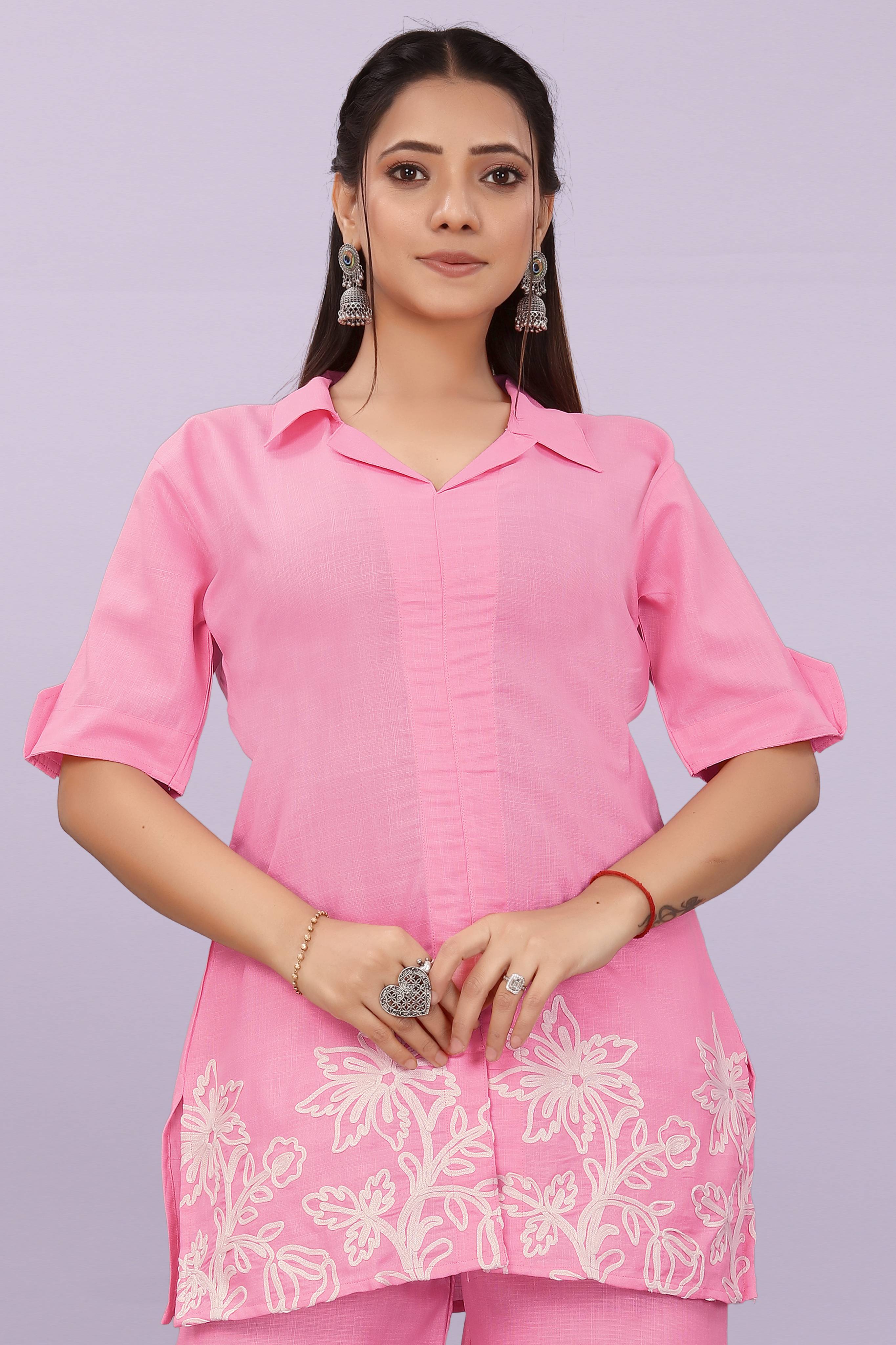 Women Embroidered Co-Ord Set | Stylish Shirt Top & Wide Leg Pant Set for Casual & Party Wear