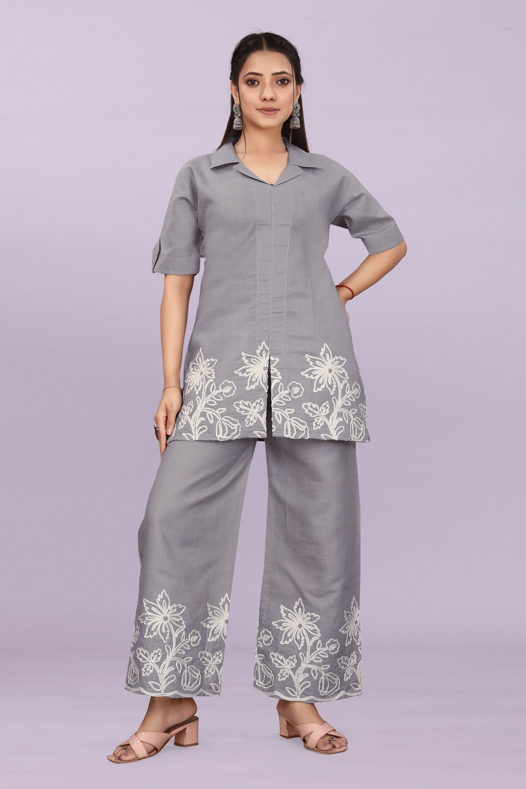 Women Embroidered Co-Ord Set | Stylish Shirt Top & Wide Leg Pant Set for Casual & Party Wear