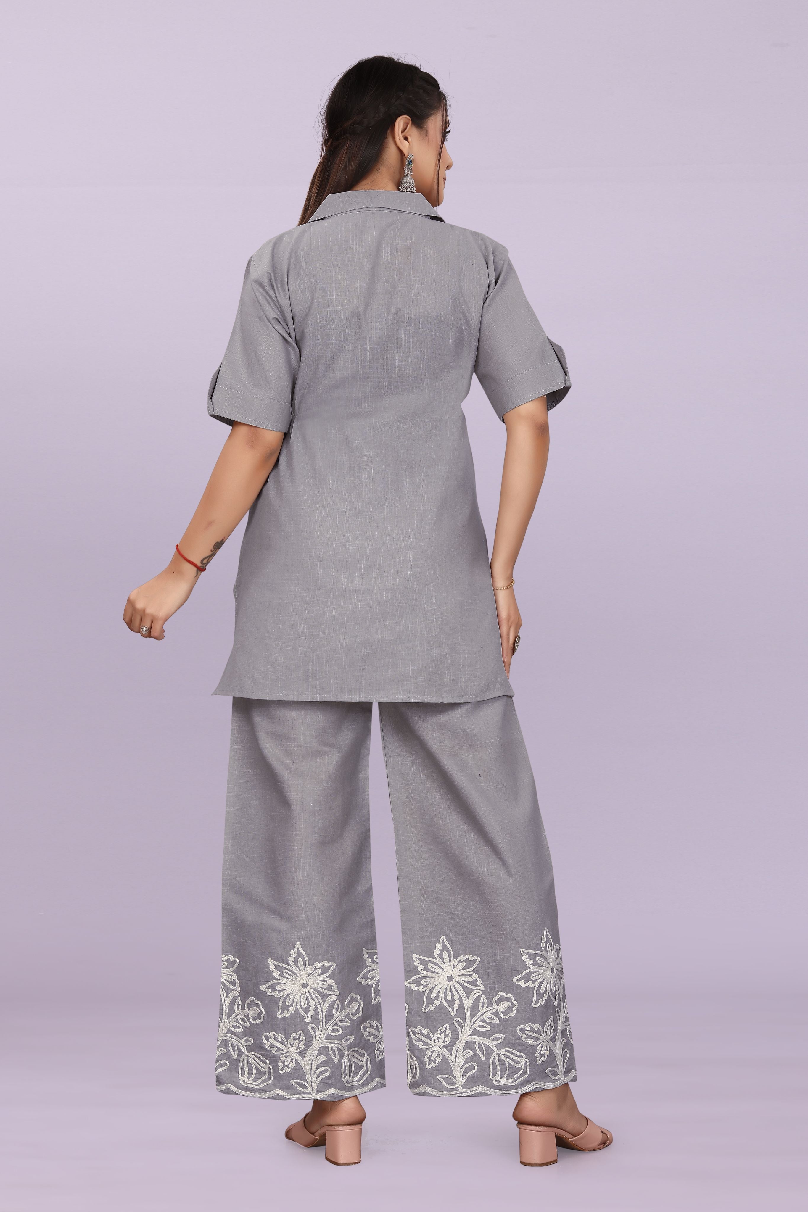 Women Embroidered Co-Ord Set | Stylish Shirt Top & Wide Leg Pant Set for Casual & Party Wear