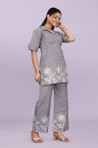 Women Embroidered Co-Ord Set | Stylish Shirt Top & Wide Leg Pant Set for Casual & Party Wear