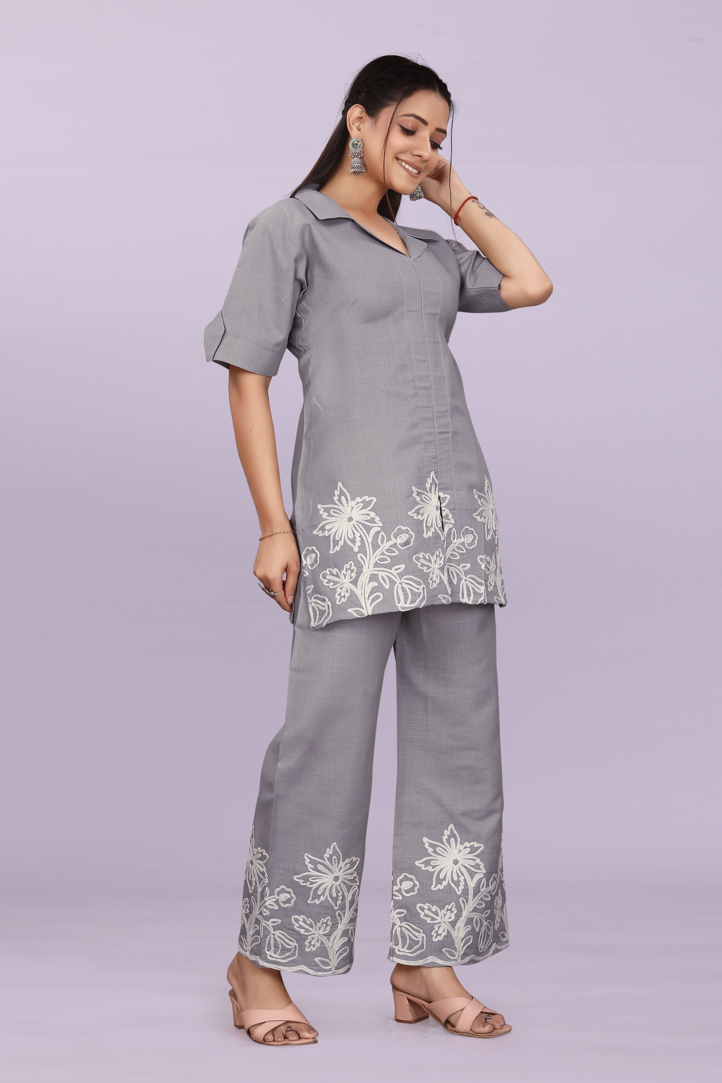 Women Embroidered Co-Ord Set | Stylish Shirt Top & Wide Leg Pant Set for Casual & Party Wear