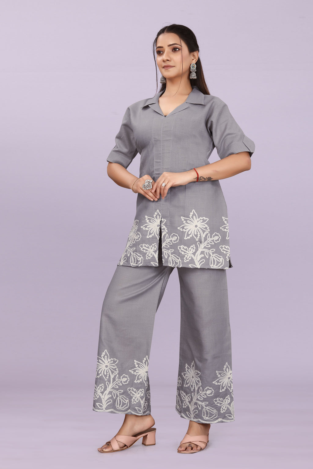 Women Embroidered Co-Ord Set | Stylish Shirt Top & Wide Leg Pant Set for Casual & Party Wear