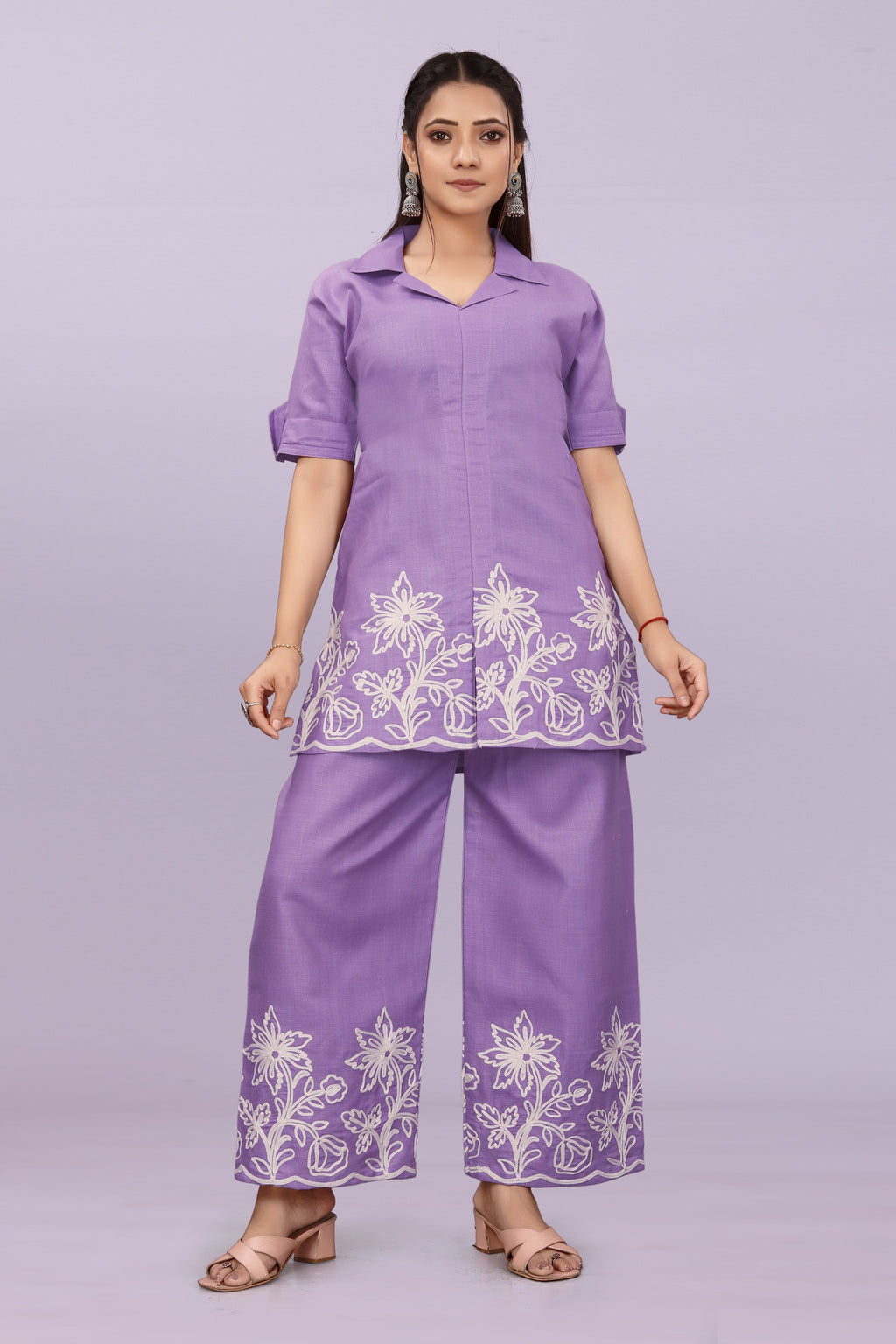 Women Embroidered Co-Ord Set | Stylish Shirt Top & Wide Leg Pant Set for Casual & Party Wear