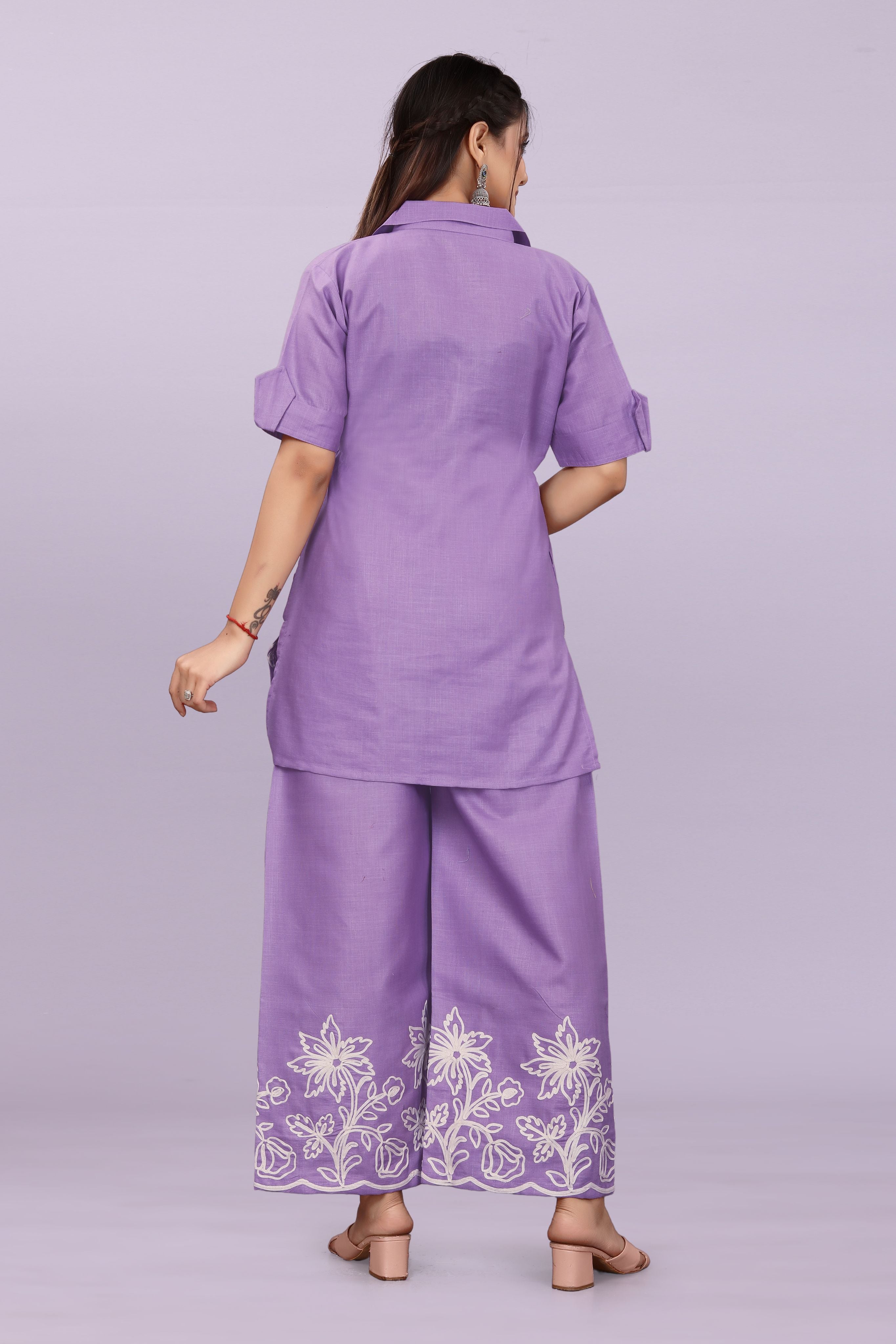 Women Embroidered Co-Ord Set | Stylish Shirt Top & Wide Leg Pant Set for Casual & Party Wear