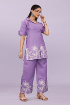Women Embroidered Co-Ord Set | Stylish Shirt Top & Wide Leg Pant Set for Casual & Party Wear