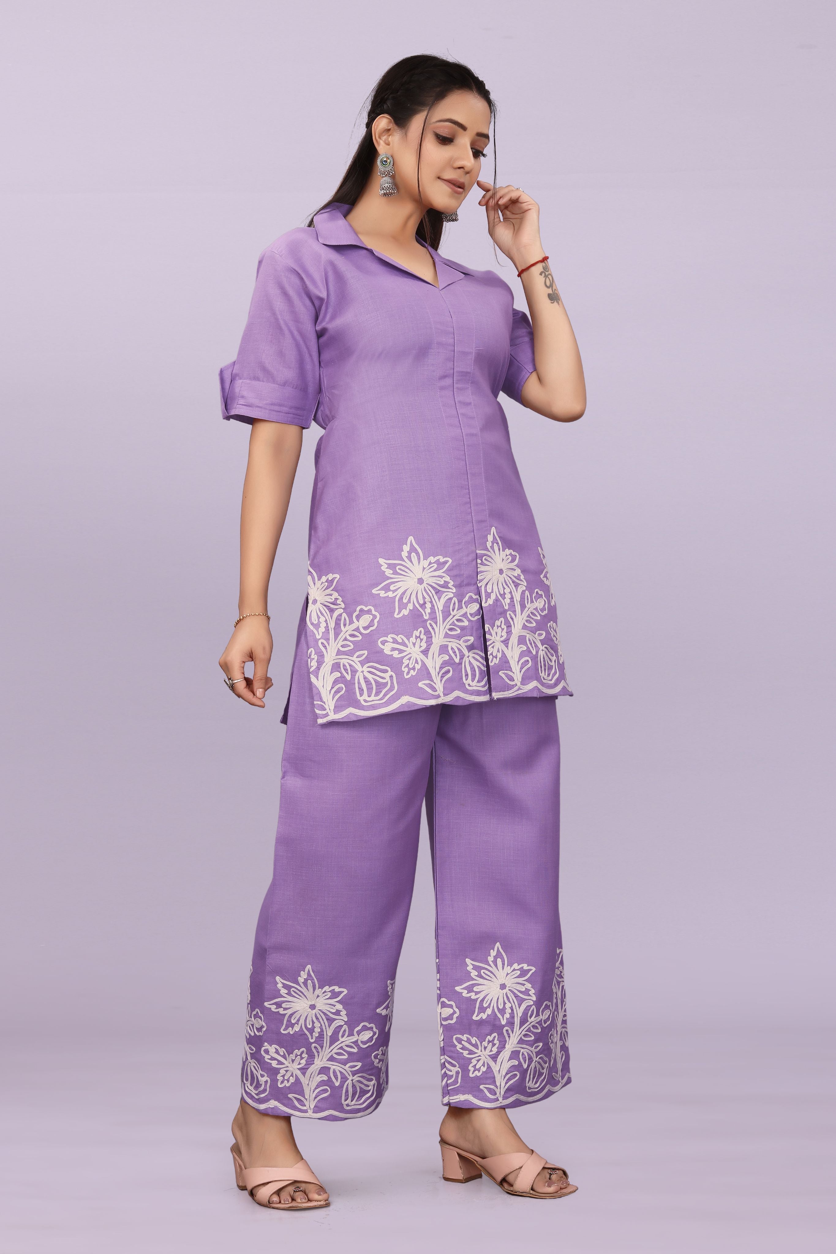 Women Embroidered Co-Ord Set | Stylish Shirt Top & Wide Leg Pant Set for Casual & Party Wear