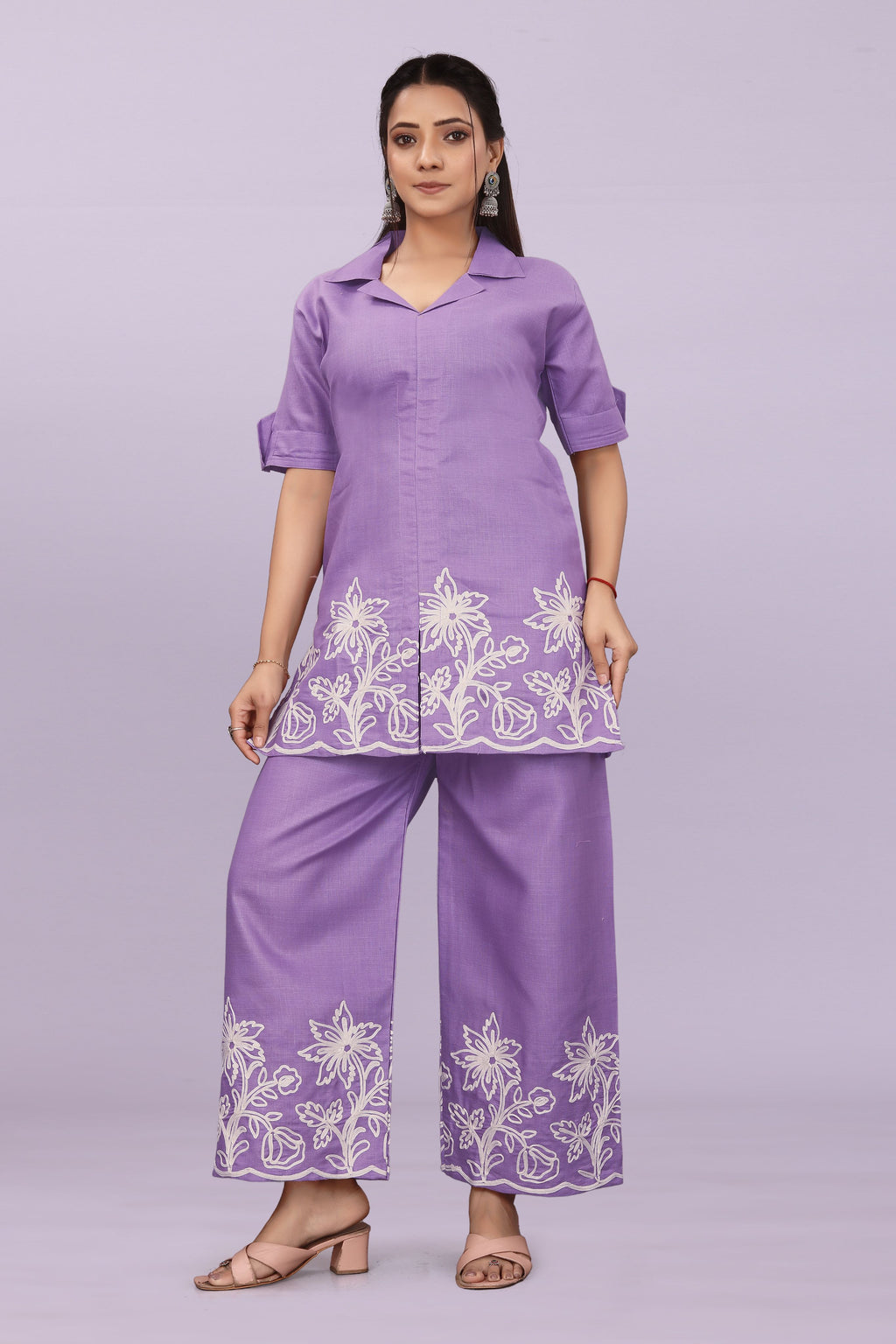 Women Embroidered Co-Ord Set | Stylish Shirt Top & Wide Leg Pant Set for Casual & Party Wear