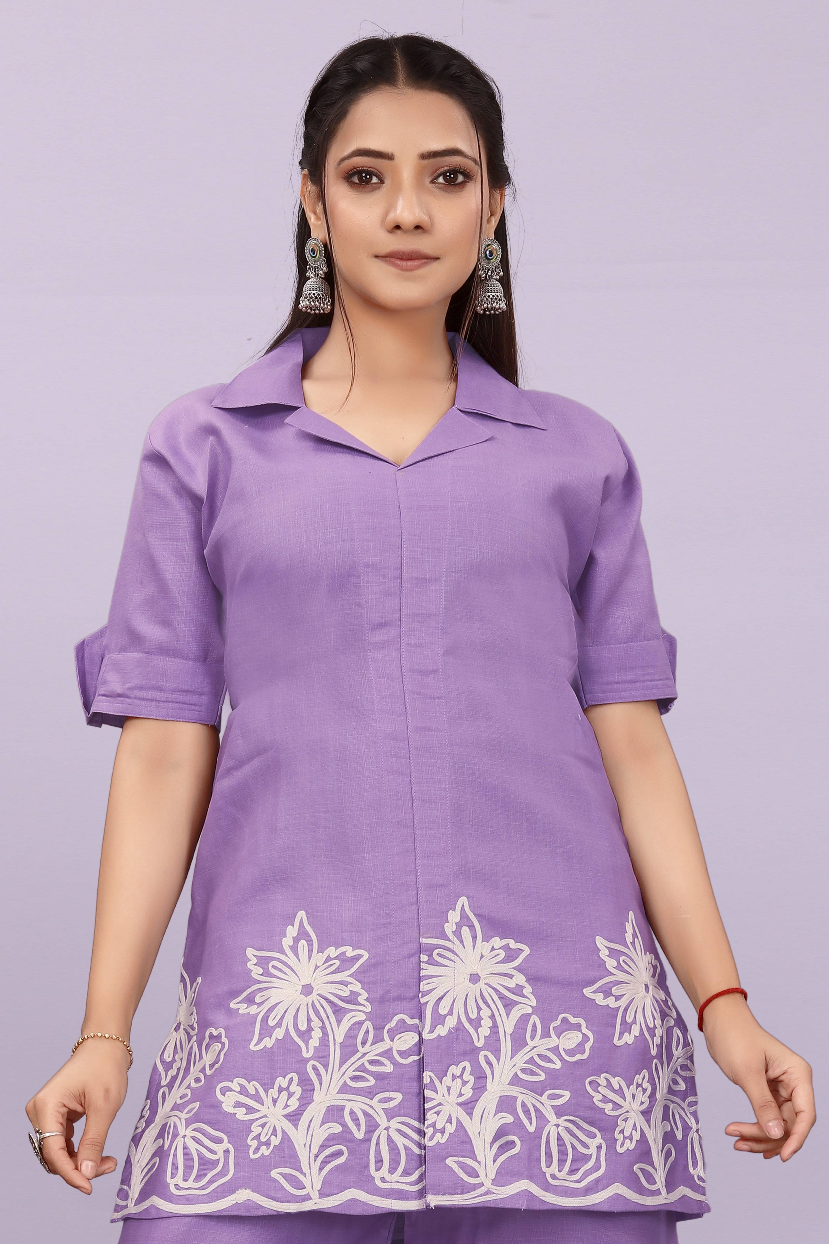 Women Embroidered Co-Ord Set | Stylish Shirt Top & Wide Leg Pant Set for Casual & Party Wear