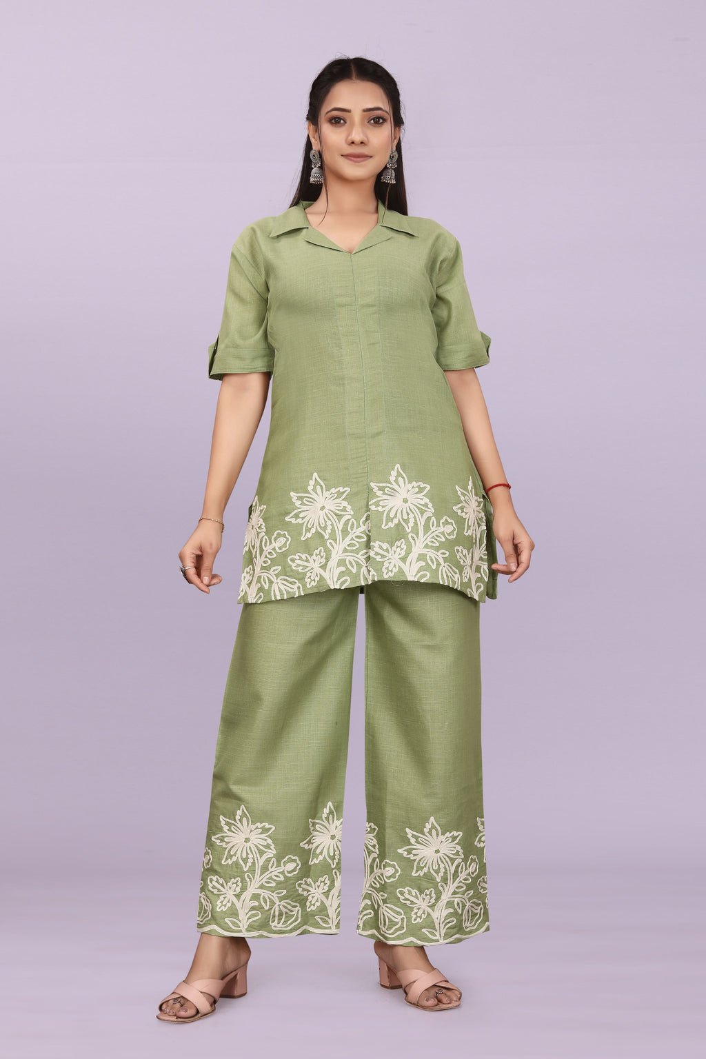Women Embroidered Co-Ord Set | Stylish Shirt Top & Wide Leg Pant Set for Casual & Party Wear