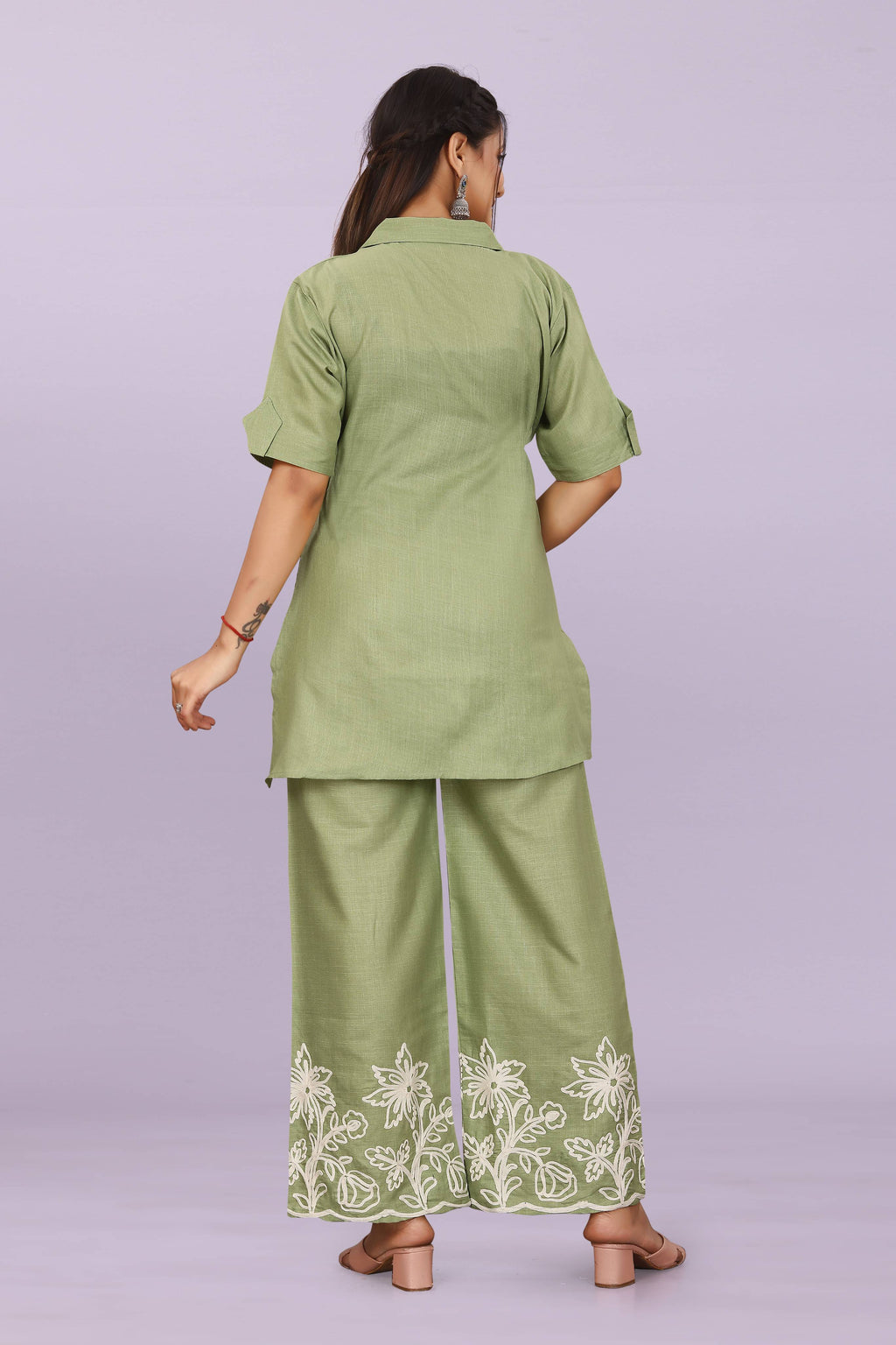 Women Embroidered Co-Ord Set | Stylish Shirt Top & Wide Leg Pant Set for Casual & Party Wear