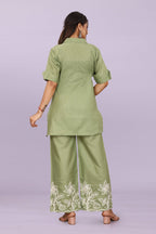 Women Embroidered Co-Ord Set | Stylish Shirt Top & Wide Leg Pant Set for Casual & Party Wear
