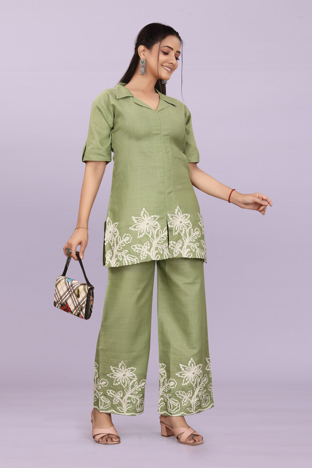 Women Embroidered Co-Ord Set | Stylish Shirt Top & Wide Leg Pant Set for Casual & Party Wear