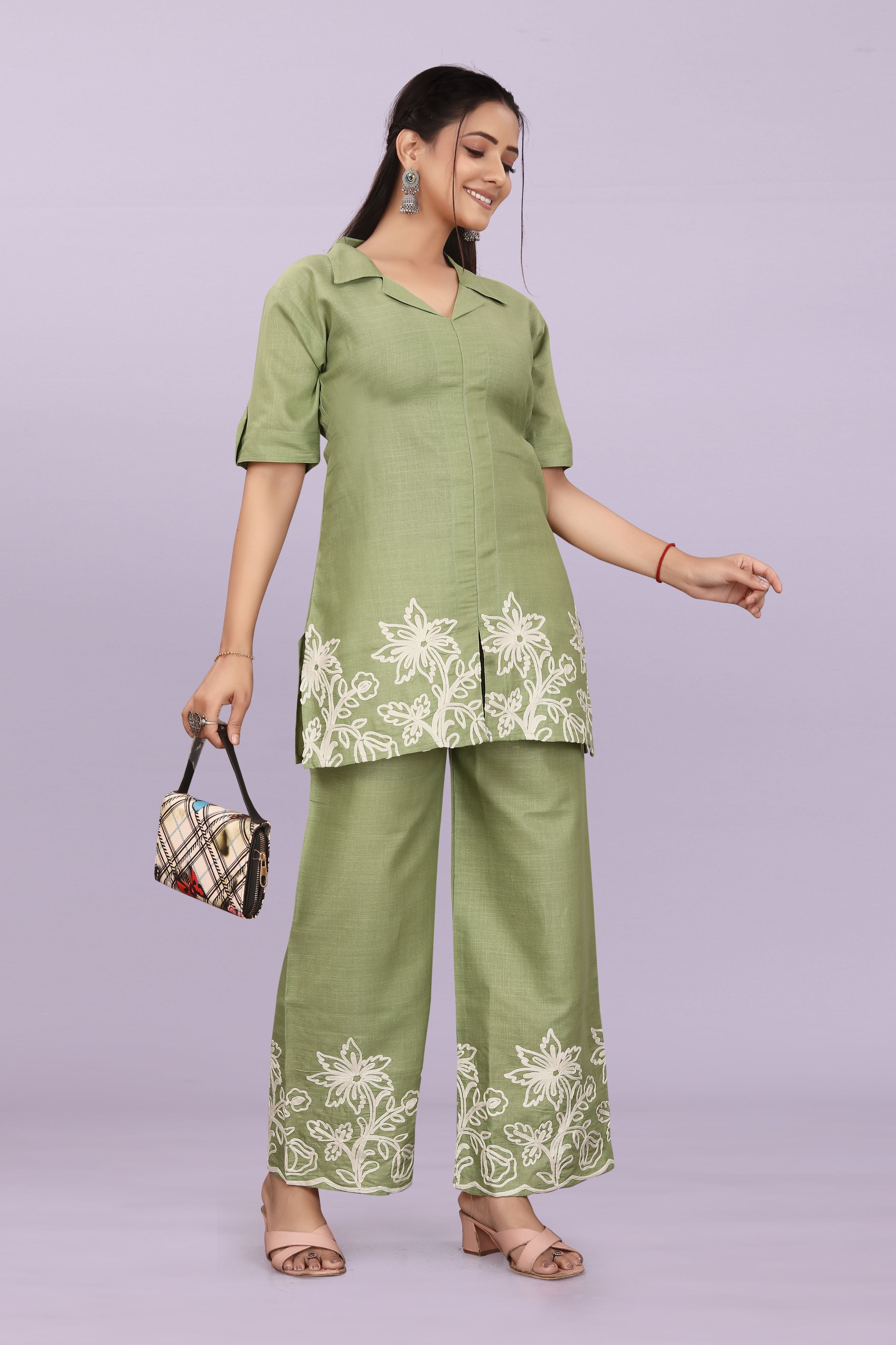 Women Embroidered Co-Ord Set | Stylish Shirt Top & Wide Leg Pant Set for Casual & Party Wear