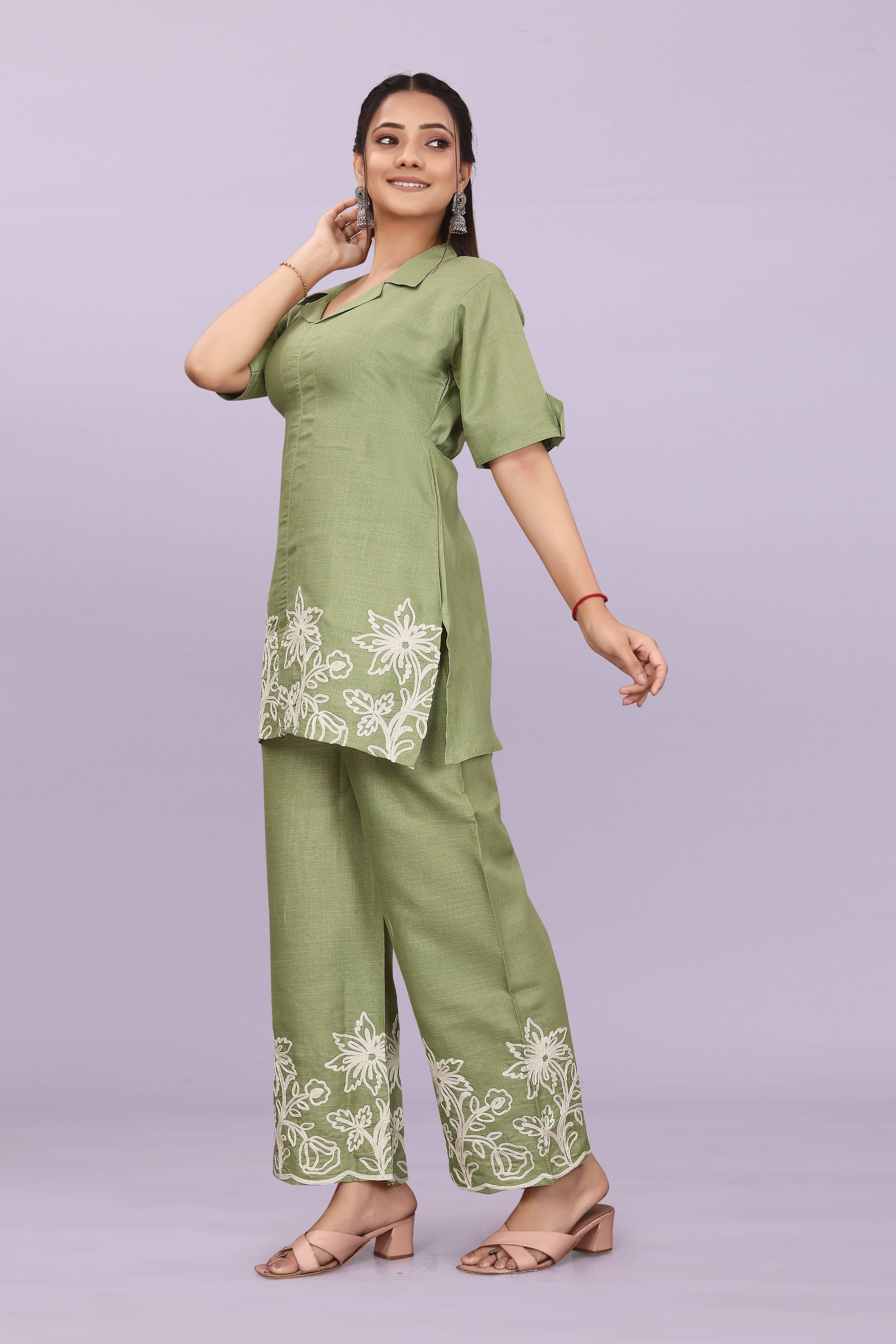 Women Embroidered Co-Ord Set | Stylish Shirt Top & Wide Leg Pant Set for Casual & Party Wear