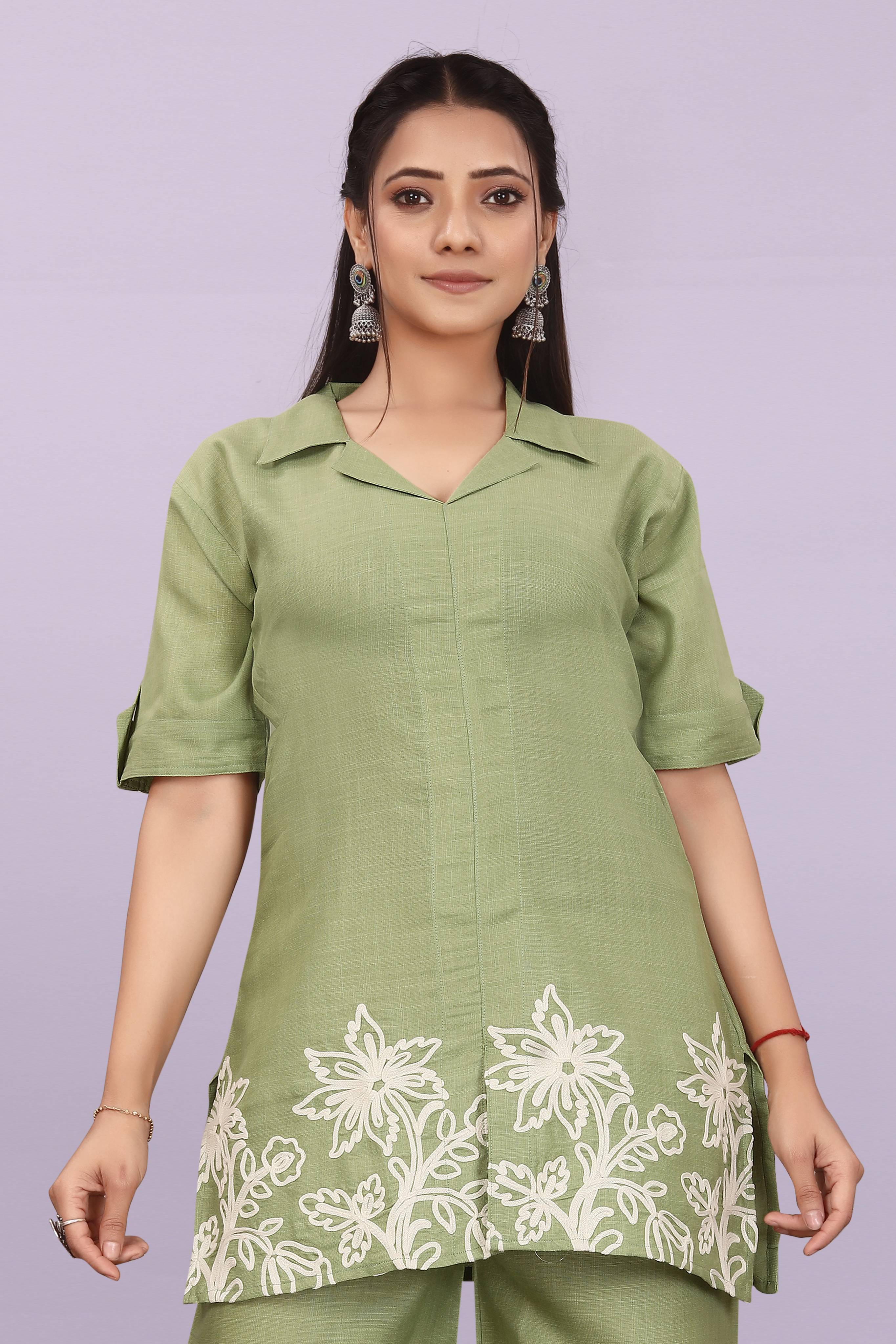 Women Embroidered Co-Ord Set | Stylish Shirt Top & Wide Leg Pant Set for Casual & Party Wear