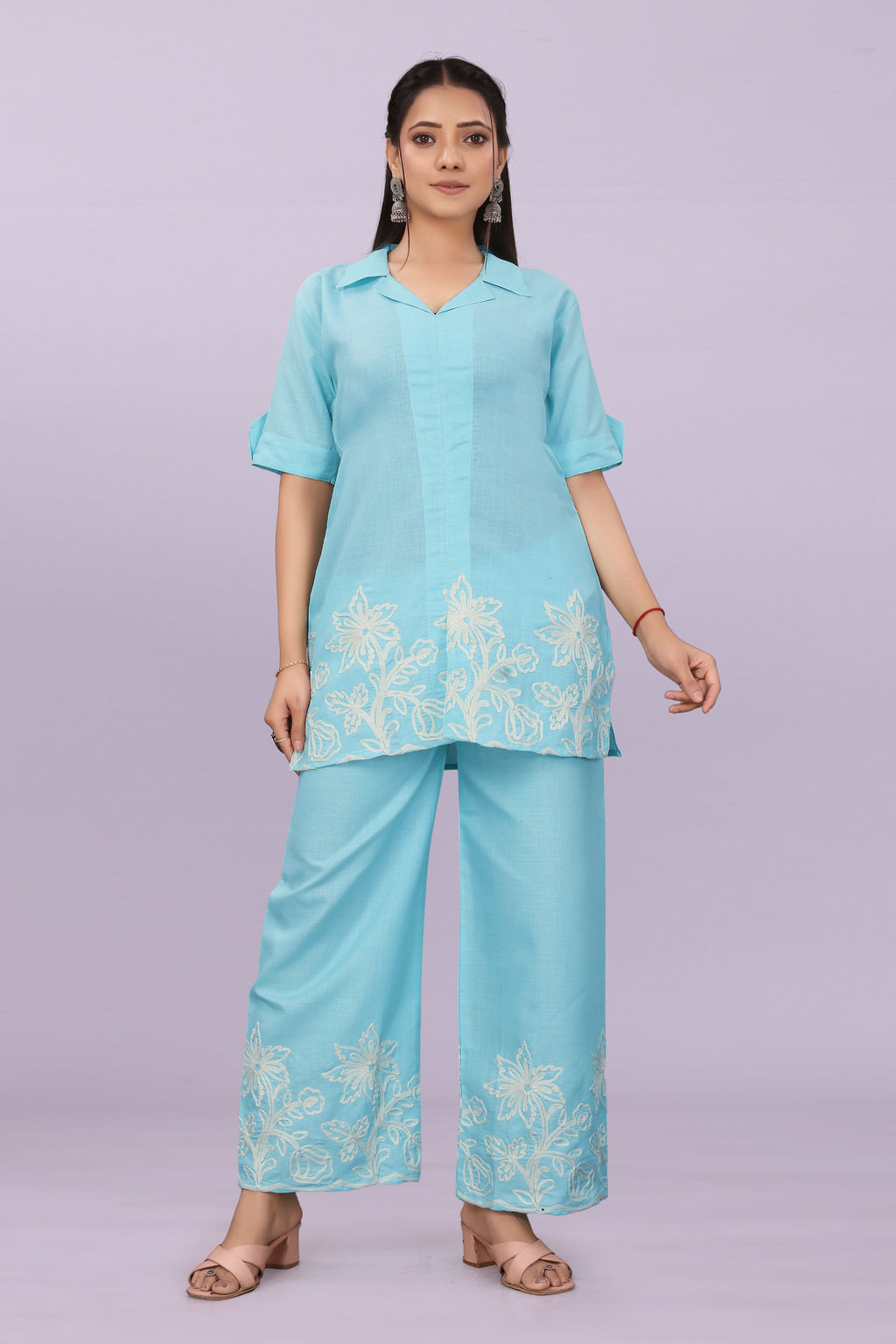 Women Embroidered Co-Ord Set | Stylish Shirt Top & Wide Leg Pant Set for Casual & Party Wear