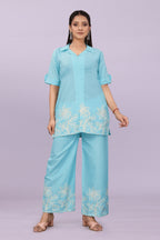 Women Embroidered Co-Ord Set | Stylish Shirt Top & Wide Leg Pant Set for Casual & Party Wear