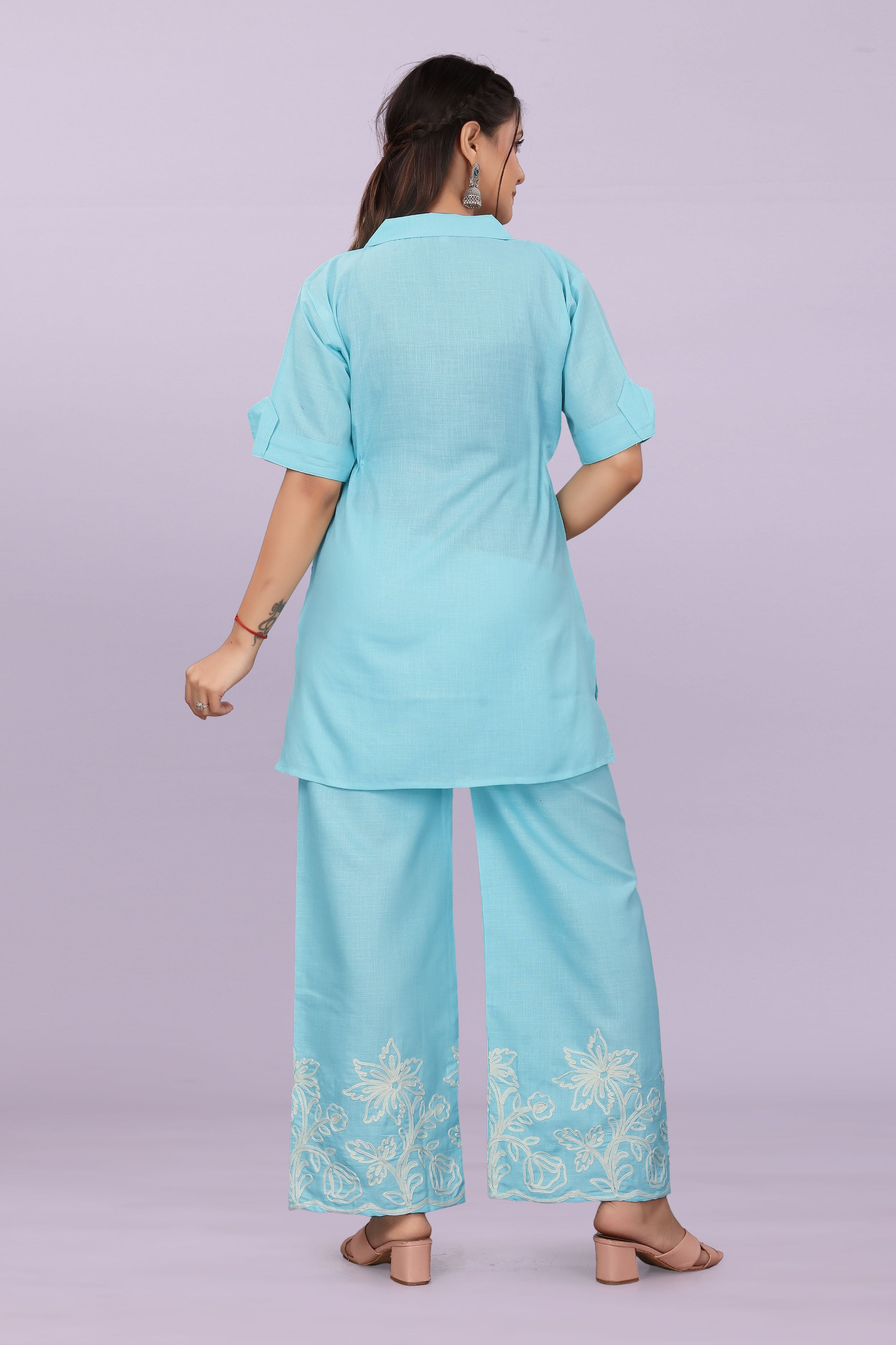 Women Embroidered Co-Ord Set | Stylish Shirt Top & Wide Leg Pant Set for Casual & Party Wear