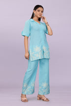 Women Embroidered Co-Ord Set | Stylish Shirt Top & Wide Leg Pant Set for Casual & Party Wear