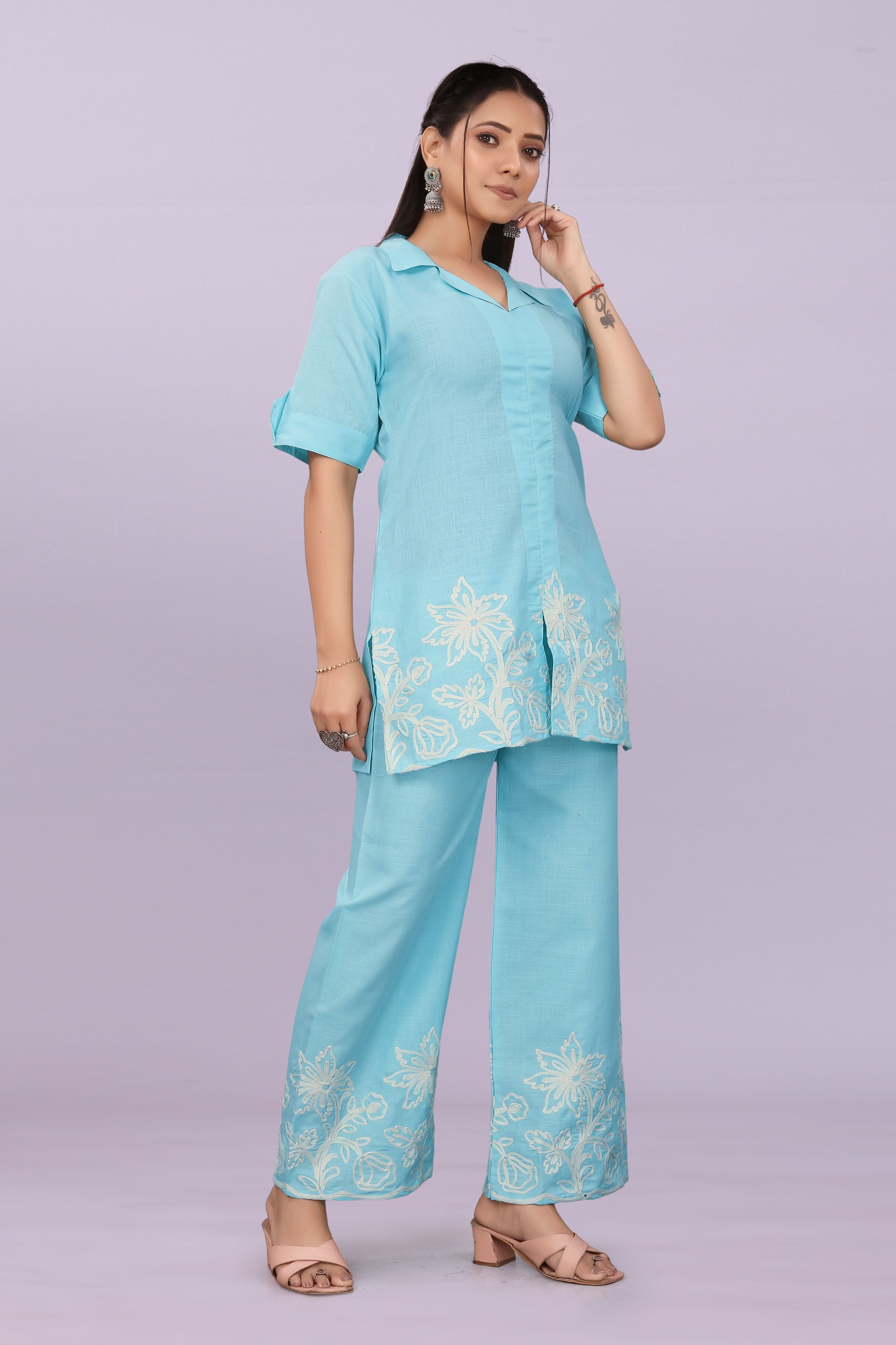 Women Embroidered Co-Ord Set | Stylish Shirt Top & Wide Leg Pant Set for Casual & Party Wear
