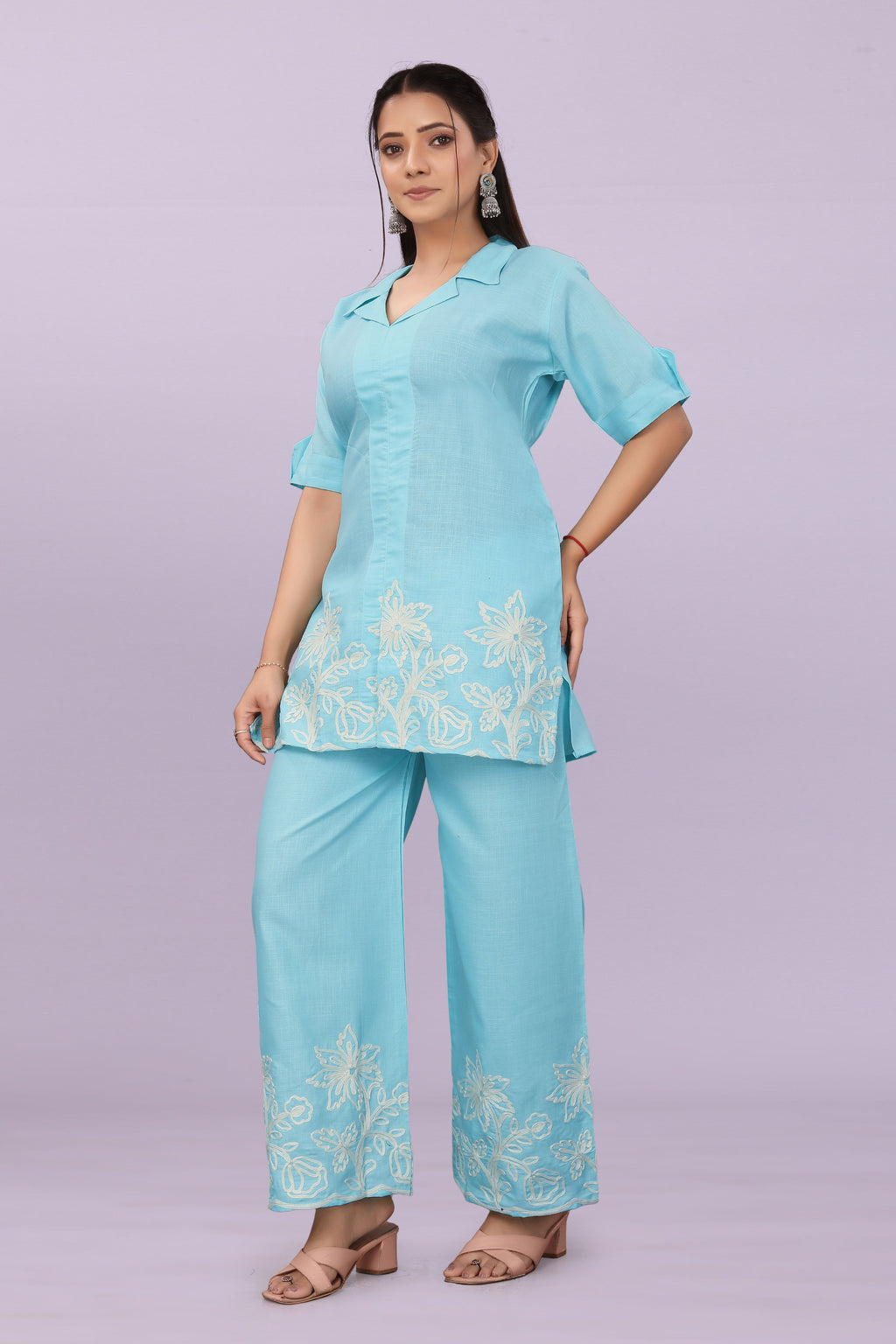 Women Embroidered Co-Ord Set | Stylish Shirt Top & Wide Leg Pant Set for Casual & Party Wear