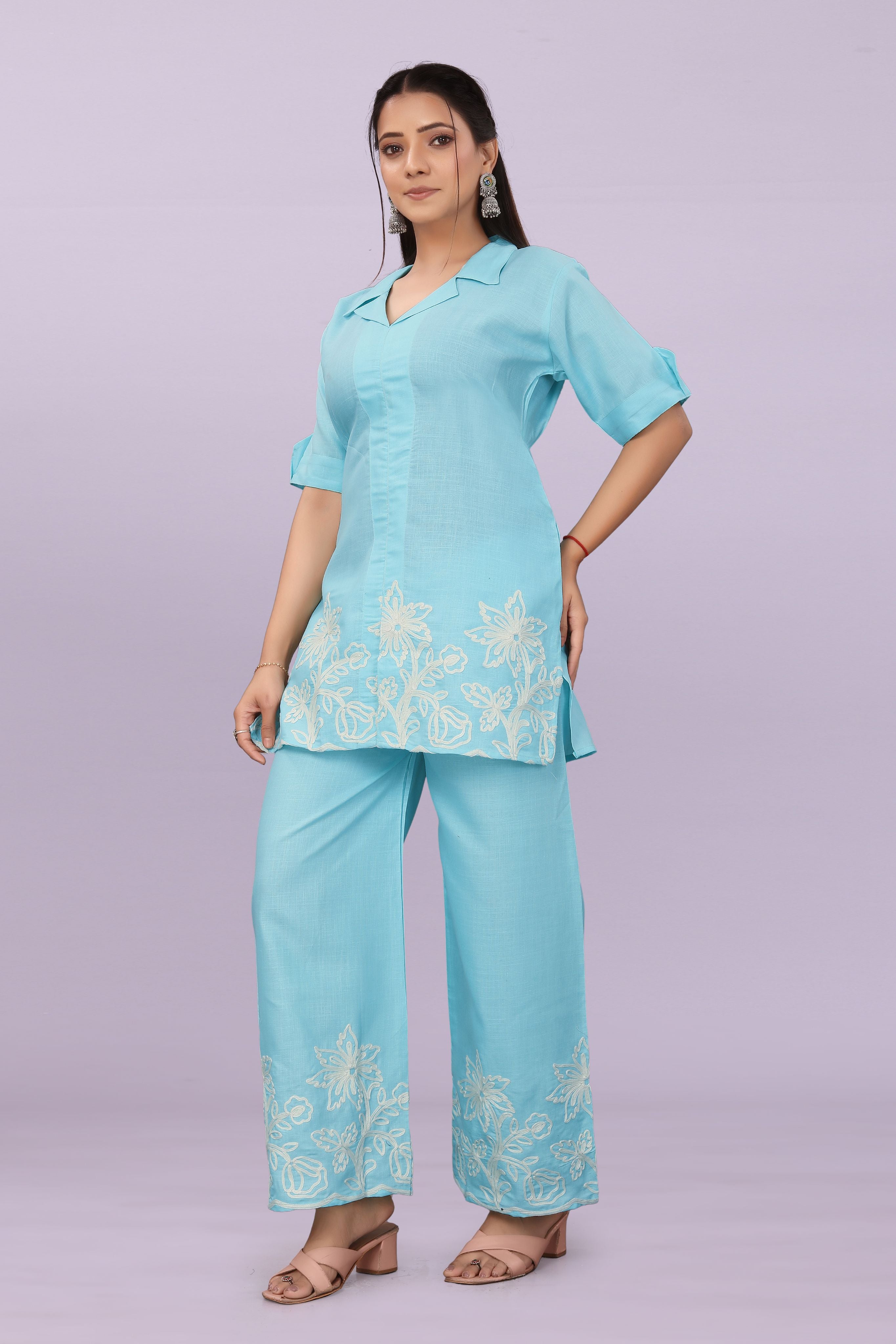 Women Embroidered Co-Ord Set | Stylish Shirt Top & Wide Leg Pant Set for Casual & Party Wear