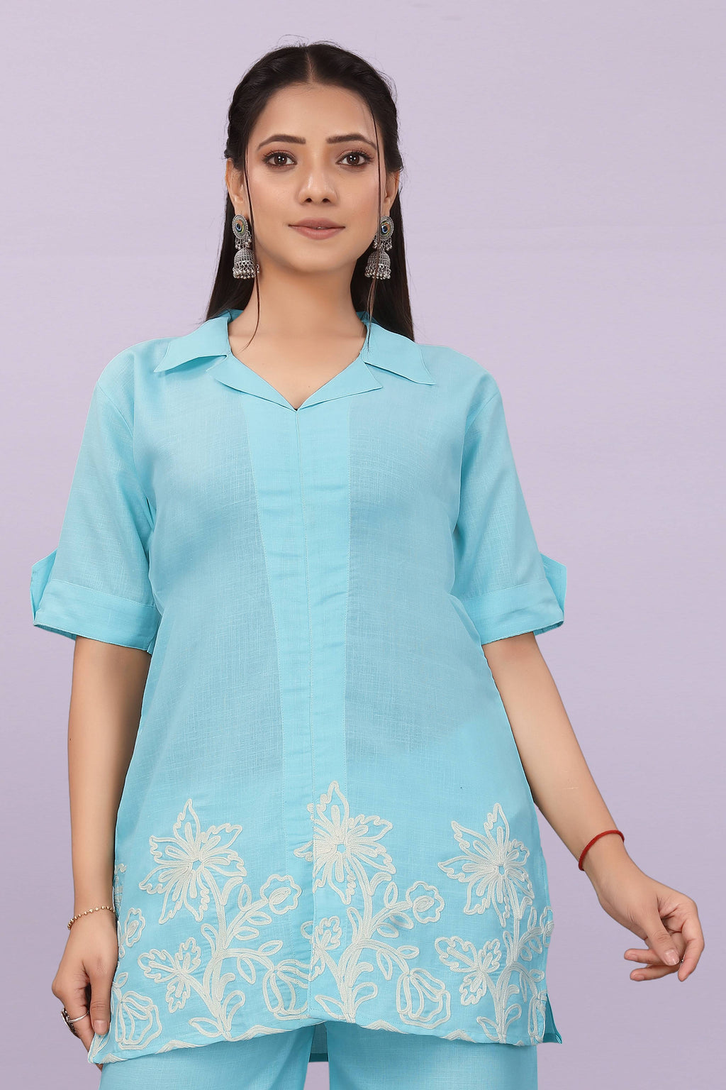 Women Embroidered Co-Ord Set | Stylish Shirt Top & Wide Leg Pant Set for Casual & Party Wear