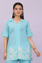 Women Embroidered Co-Ord Set | Stylish Shirt Top & Wide Leg Pant Set for Casual & Party Wear