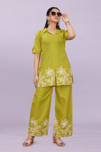 Women Embroidered Co-Ord Set | Stylish Shirt Top & Wide Leg Pant Set for Casual & Party Wear
