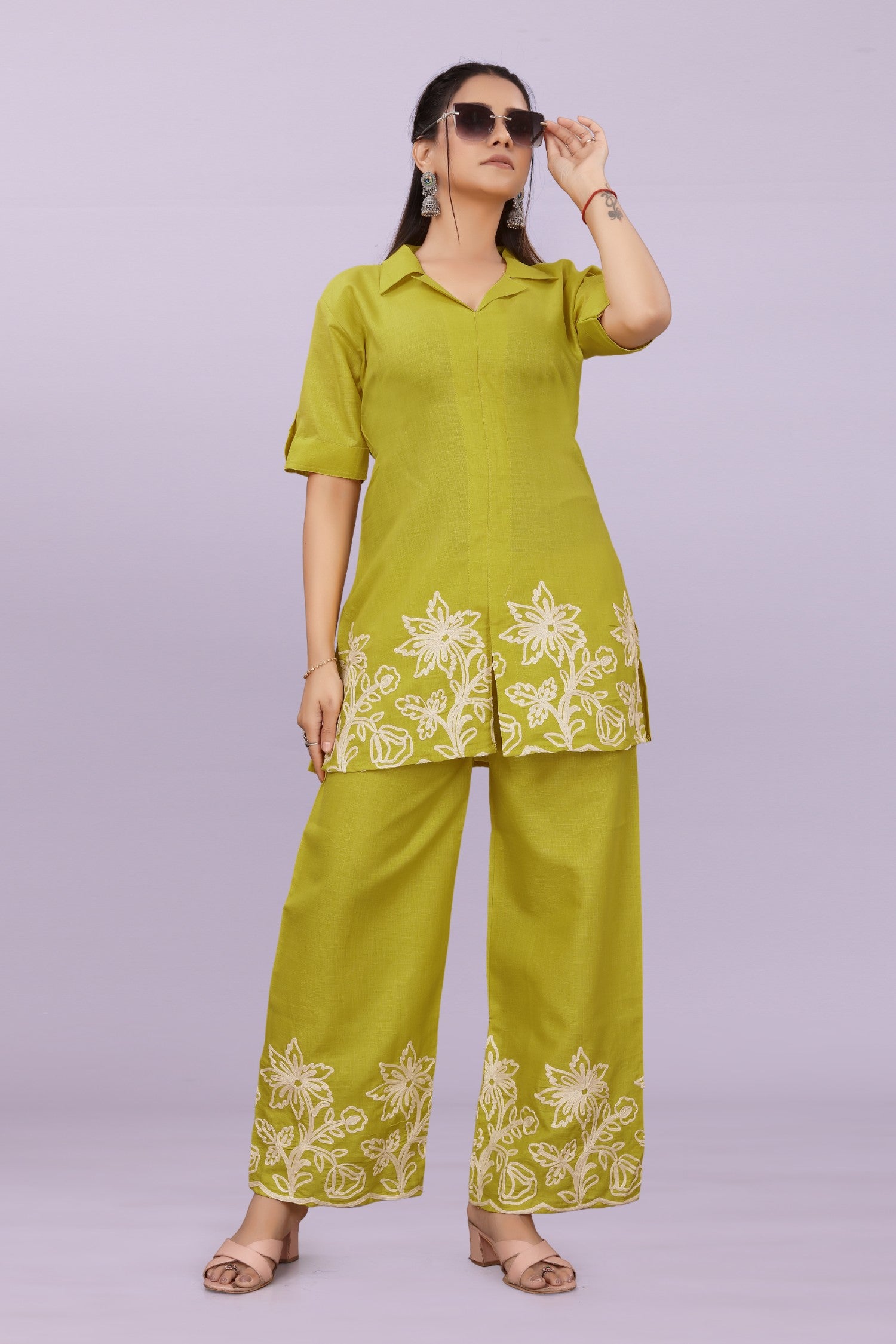 Women Embroidered Co-Ord Set | Stylish Shirt Top & Wide Leg Pant Set for Casual & Party Wear