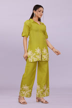 Women Embroidered Co-Ord Set | Stylish Shirt Top & Wide Leg Pant Set for Casual & Party Wear