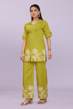 Women Embroidered Co-Ord Set | Stylish Shirt Top & Wide Leg Pant Set for Casual & Party Wear