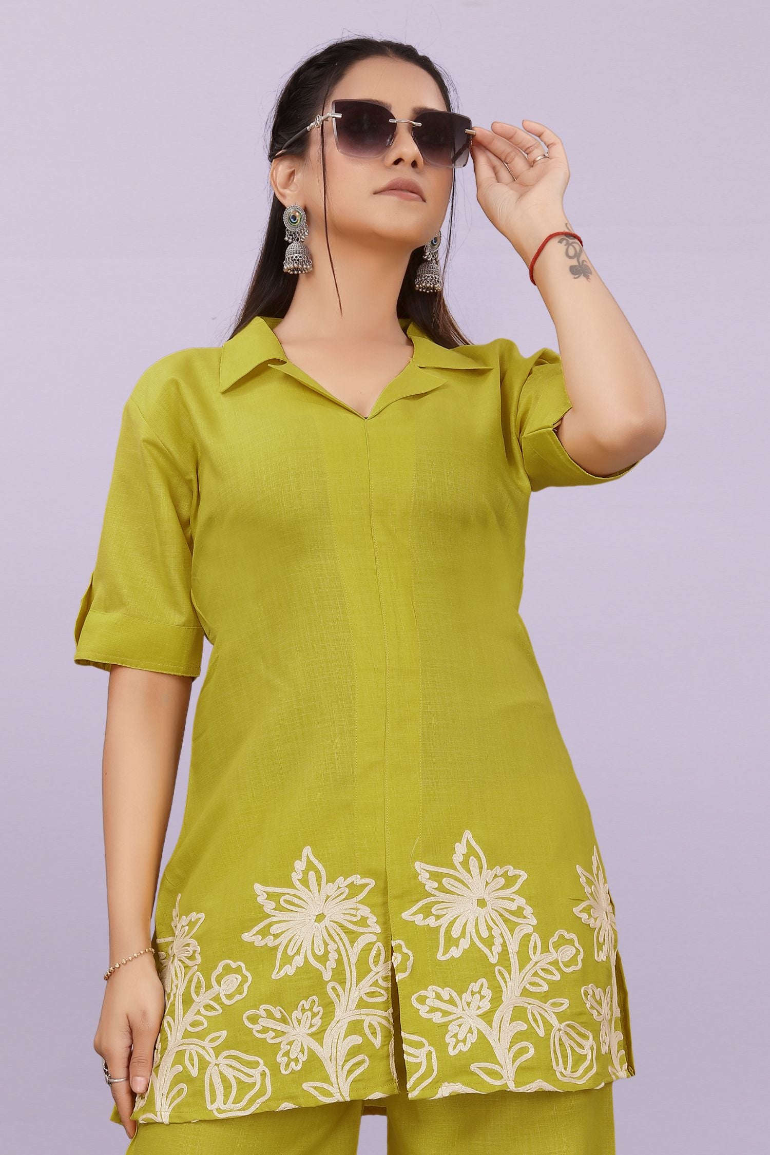 Women Embroidered Co-Ord Set | Stylish Shirt Top & Wide Leg Pant Set for Casual & Party Wear